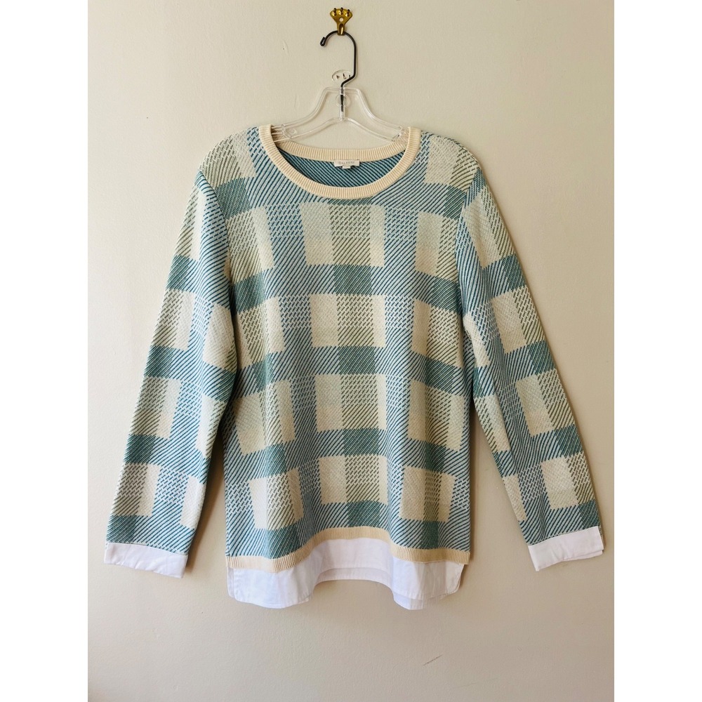 Talbots Sz M Crew Neck Sweatshirt Pullover Stretch Plaid Beige Blueish Retro